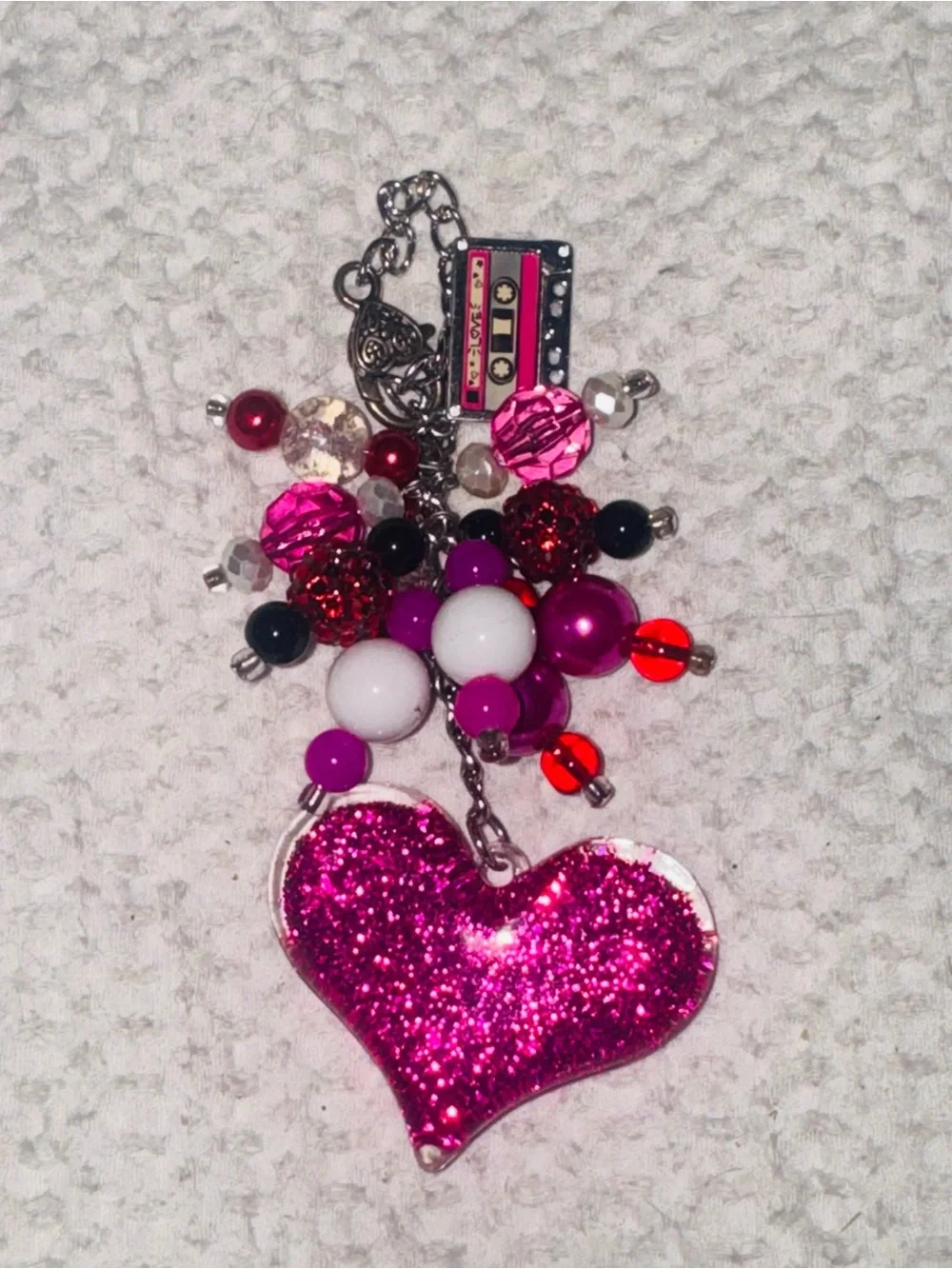 Sparkling Pink Heart & Bead Charm Keychain/ purse fob.